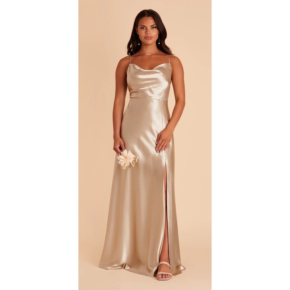 Birdy Grey Lisa Satin Gown Champagne Gold Ruched Maxi Dress XS Bridesmaid Formal